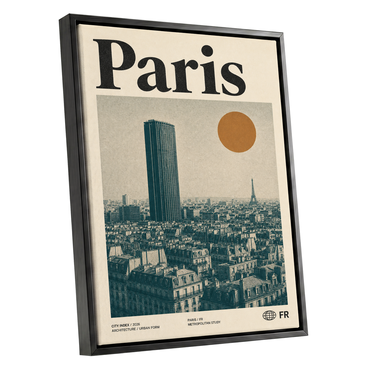 Paris Above the Rooftops, green, beige, orange minimalist wall art shown as a black framed canvas wall art