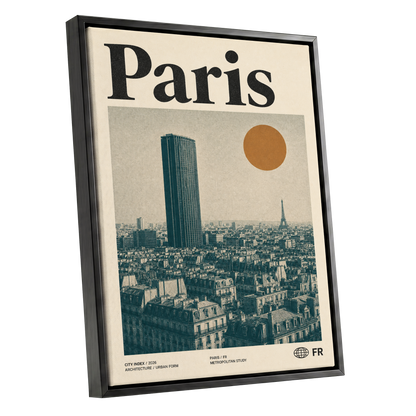Paris Above the Rooftops, green, beige, orange minimalist wall art shown as a black framed canvas wall art