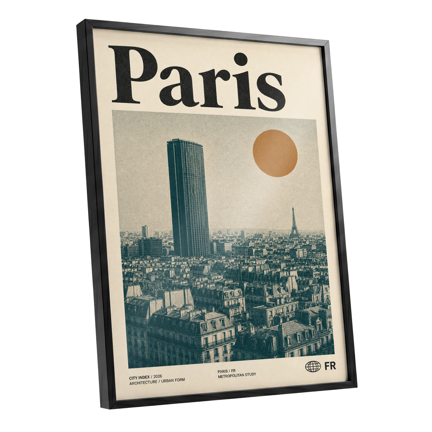 Paris Above the Rooftops, green, beige, orange minimalist wall art shown as a black framed poster wall art print