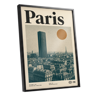 Paris Above the Rooftops, green, beige, orange minimalist wall art shown as a black framed poster wall art print