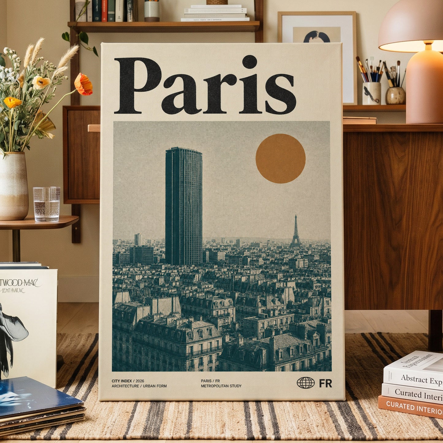 Paris Above the Rooftops, green, beige, orange minimalist wall art on canvas displayed in a styled interior, gallery view 1