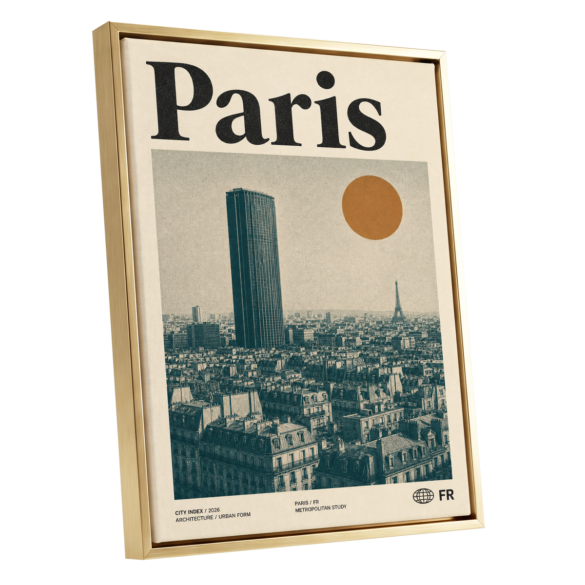 Paris Above the Rooftops, green, beige, orange minimalist wall art shown as a gold framed canvas wall art