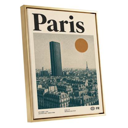 Paris Above the Rooftops, green, beige, orange minimalist wall art shown as a gold framed canvas wall art