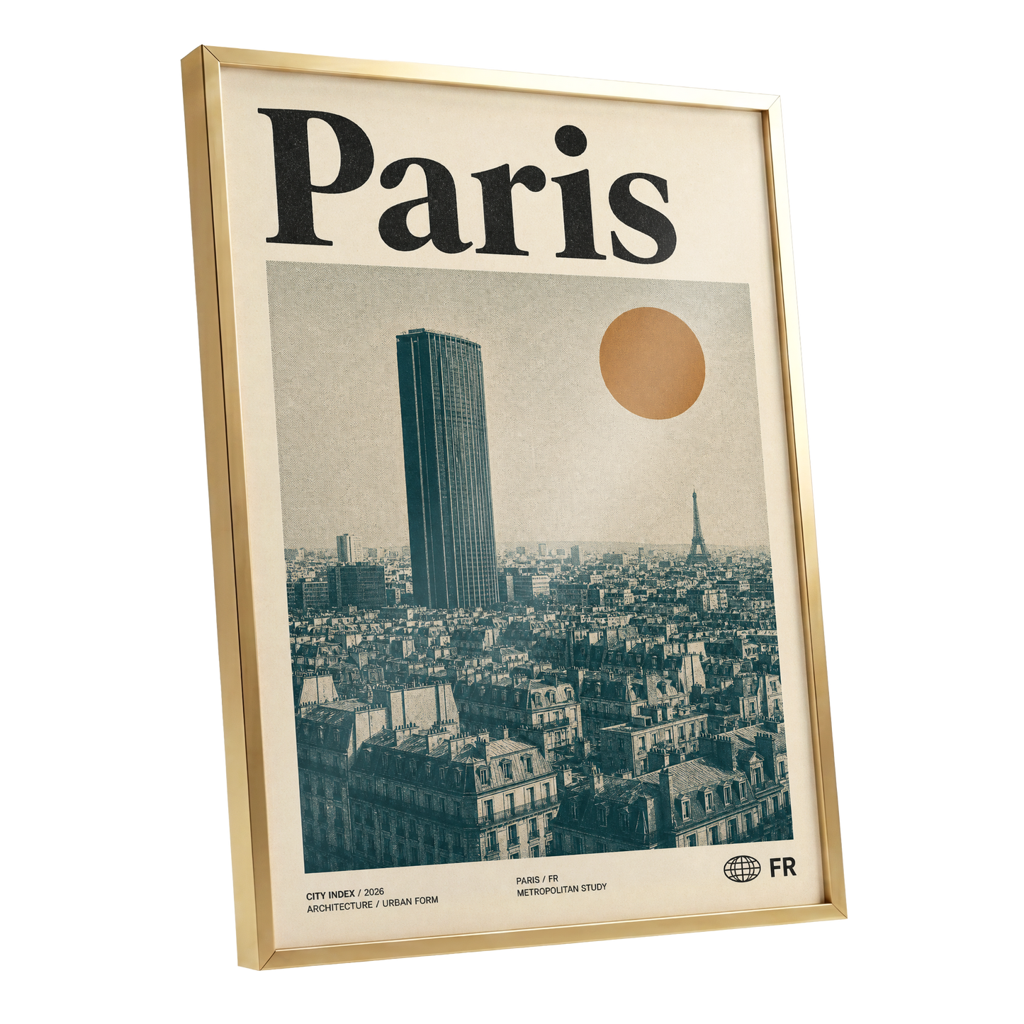 Paris Above the Rooftops, green, beige, orange minimalist wall art shown as a gold framed poster wall art print