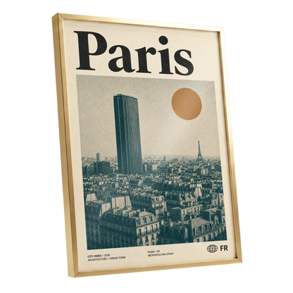 Paris Above the Rooftops, green, beige, orange minimalist wall art shown as a gold framed poster wall art print