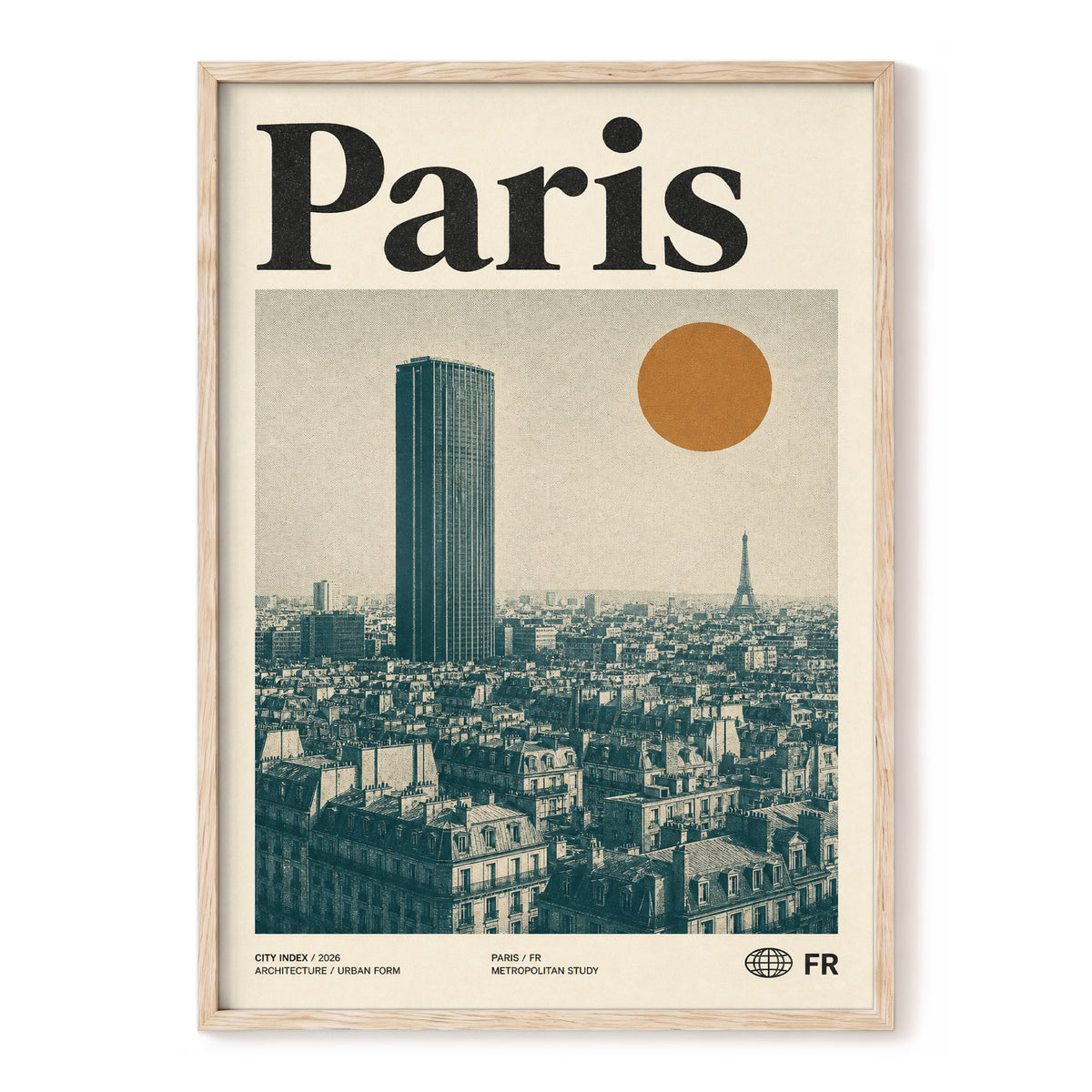 Paris Above the Rooftops, green, beige, orange minimalist wall art, front artwork view