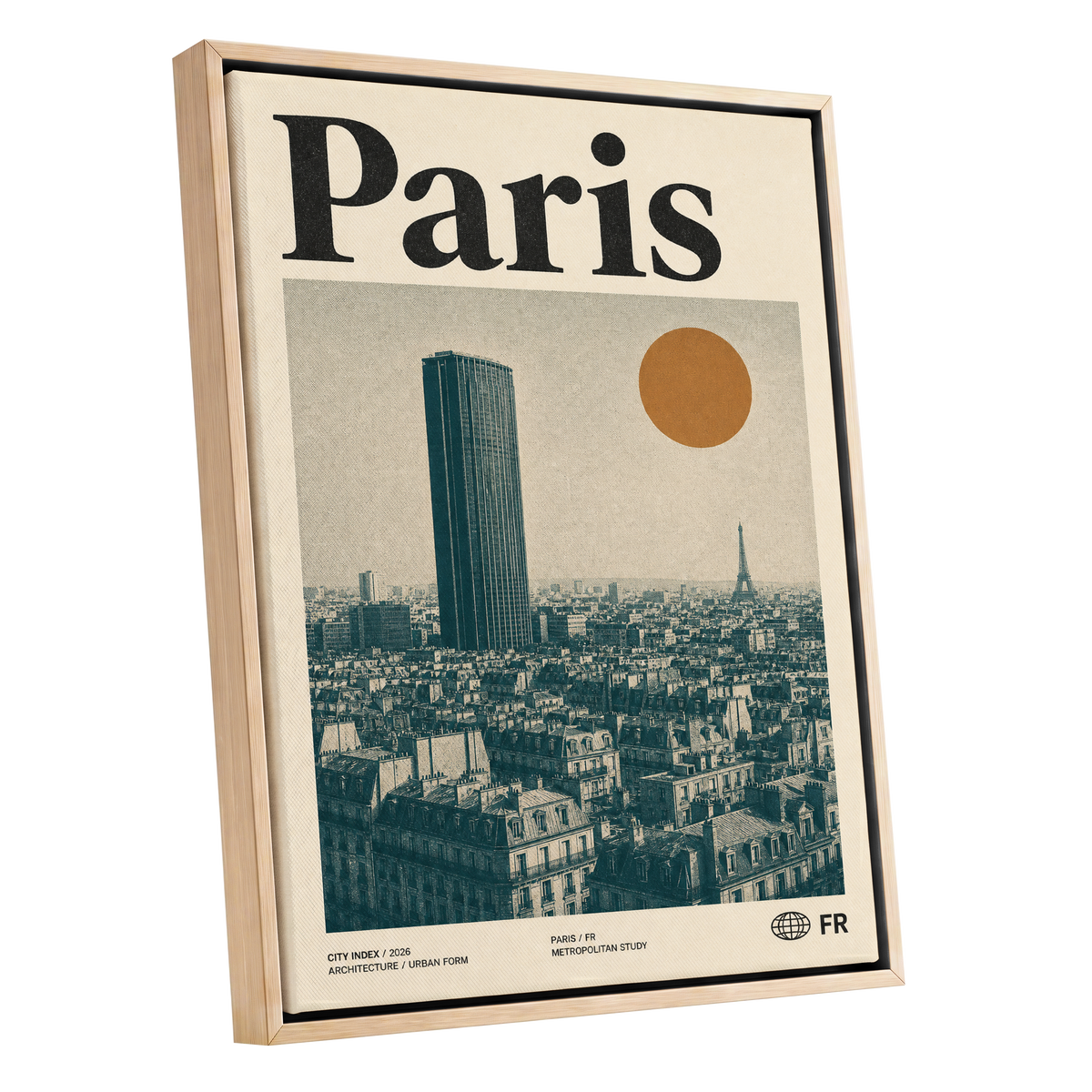Paris Above the Rooftops, green, beige, orange minimalist wall art shown as a oak framed canvas wall art