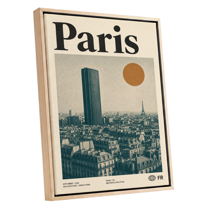 Paris Above the Rooftops, green, beige, orange minimalist wall art shown as a oak framed canvas wall art
