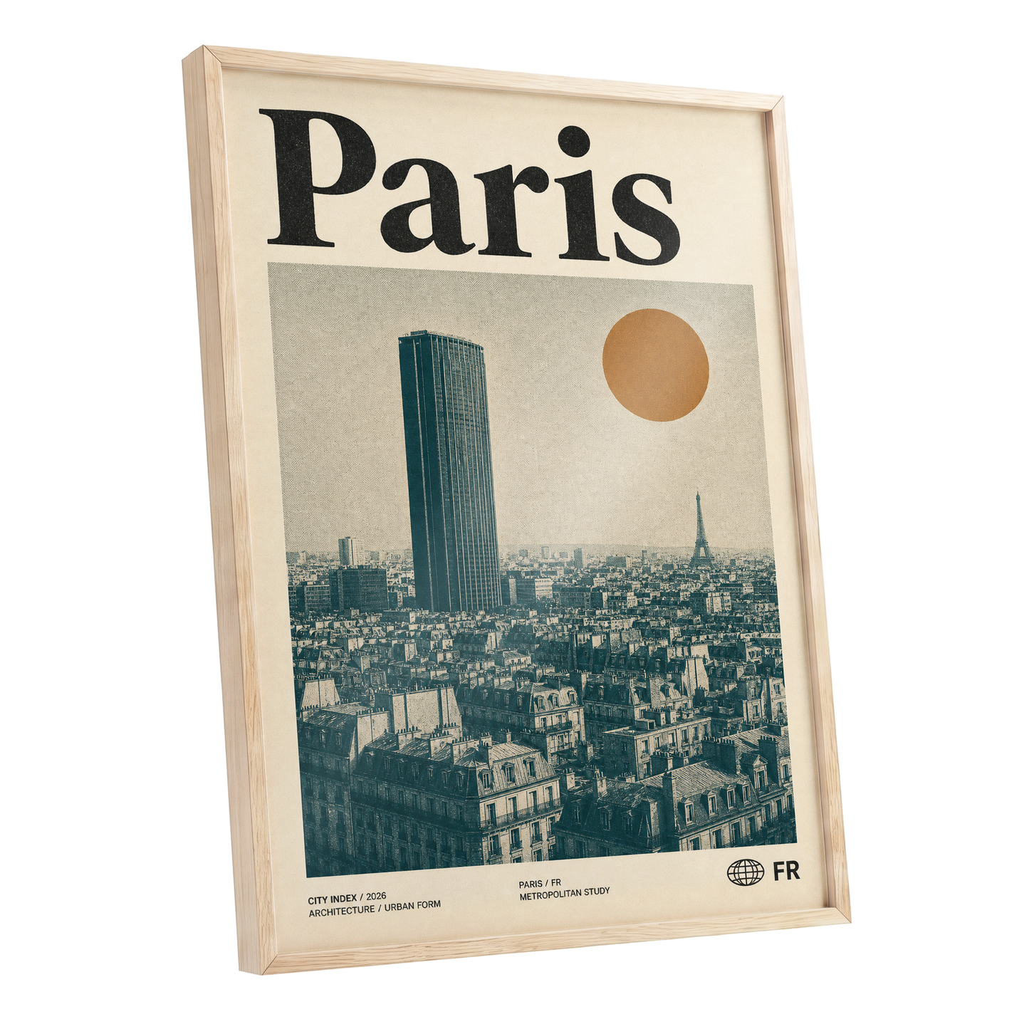 Paris Above the Rooftops, green, beige, orange minimalist wall art shown as a oak framed poster wall art print