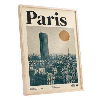 Paris Above the Rooftops, green, beige, orange minimalist wall art shown as a oak framed poster wall art print