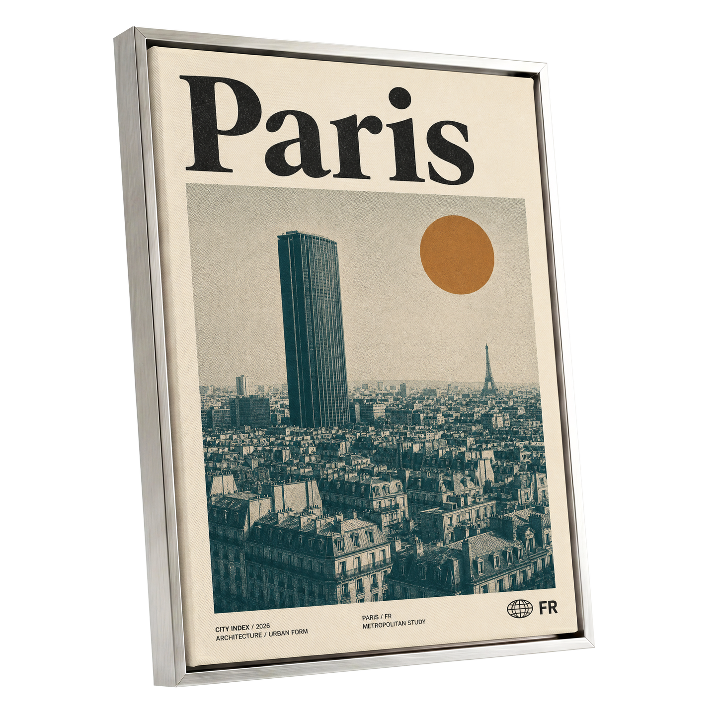Paris Above the Rooftops, green, beige, orange minimalist wall art shown as a silver framed canvas wall art