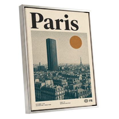 Paris Above the Rooftops, green, beige, orange minimalist wall art shown as a silver framed canvas wall art