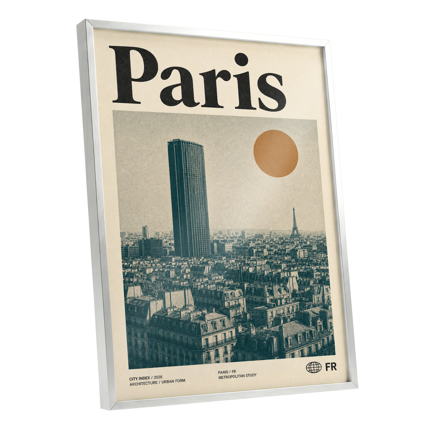 Paris Above the Rooftops, green, beige, orange minimalist wall art shown as a silver framed poster wall art print