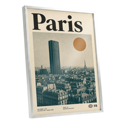 Paris Above the Rooftops, green, beige, orange minimalist wall art shown as a silver framed poster wall art print