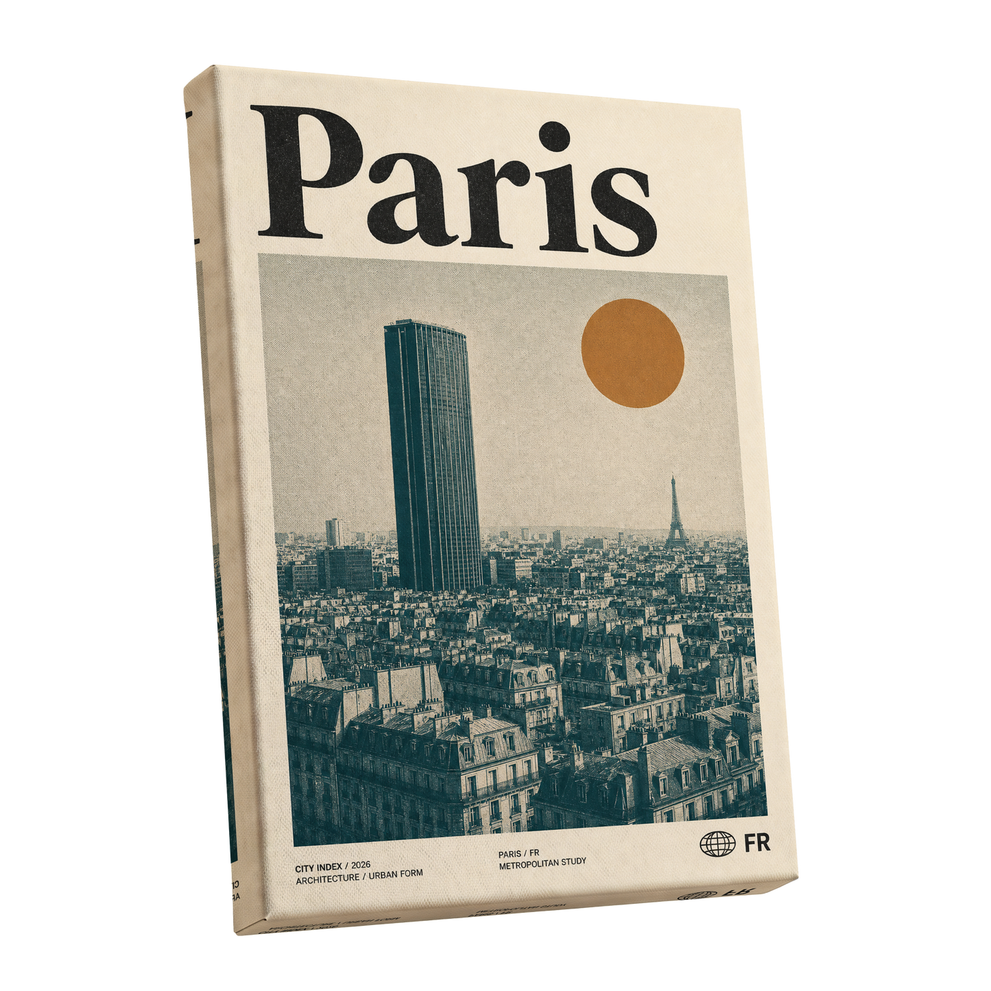 Paris Above the Rooftops, green, beige, orange minimalist wall art shown as a stretched canvas wall art