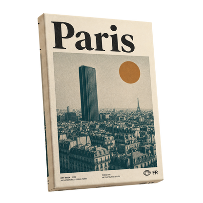 Paris Above the Rooftops, green, beige, orange minimalist wall art shown as a stretched canvas wall art