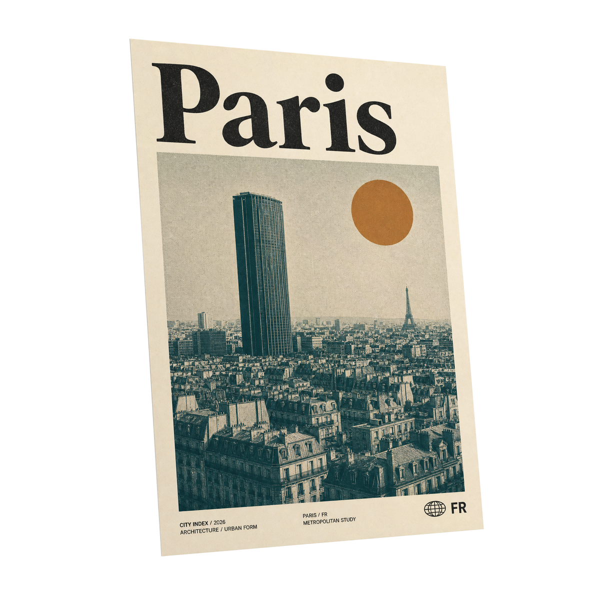 Paris Above the Rooftops, green, beige, orange minimalist wall art shown as a unframed poster wall art print