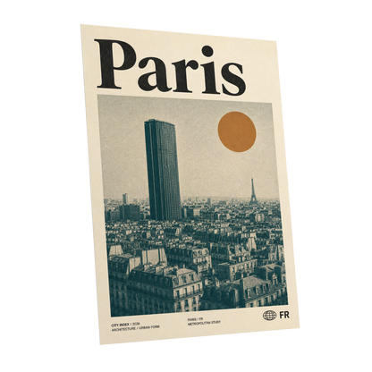 Paris Above the Rooftops, green, beige, orange minimalist wall art shown as a unframed poster wall art print