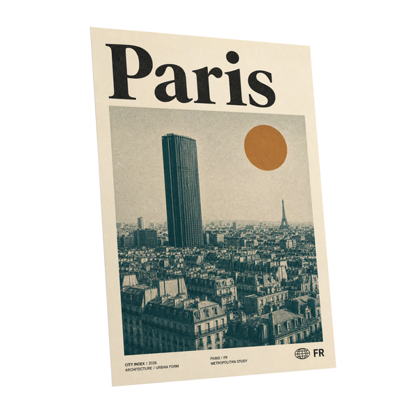 Paris Above the Rooftops, green, beige, orange minimalist wall art shown as a unframed poster wall art print