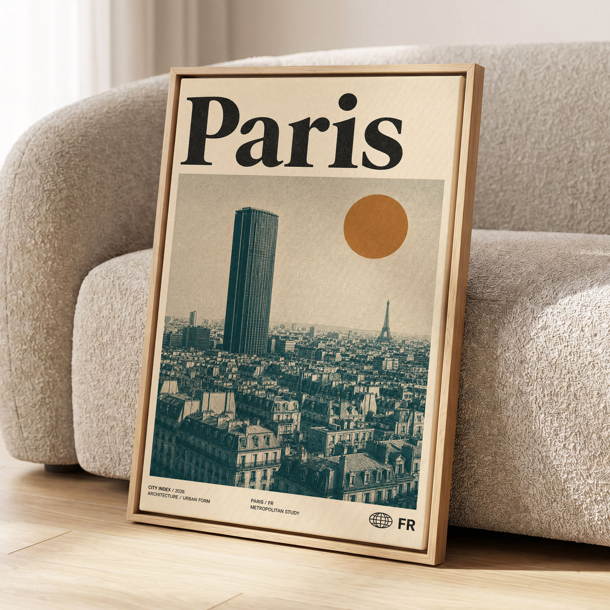 Paris Above the Rooftops, green, beige, orange minimalist wall art displayed in a styled interior, gallery view 1