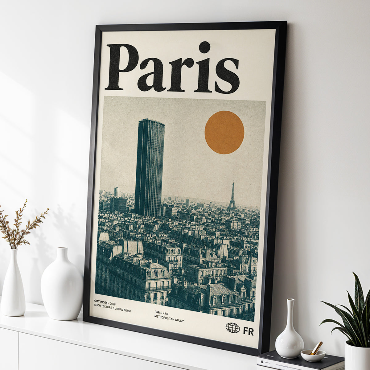 Paris Above the Rooftops, green, beige, orange minimalist wall art displayed in a styled interior, gallery view 2