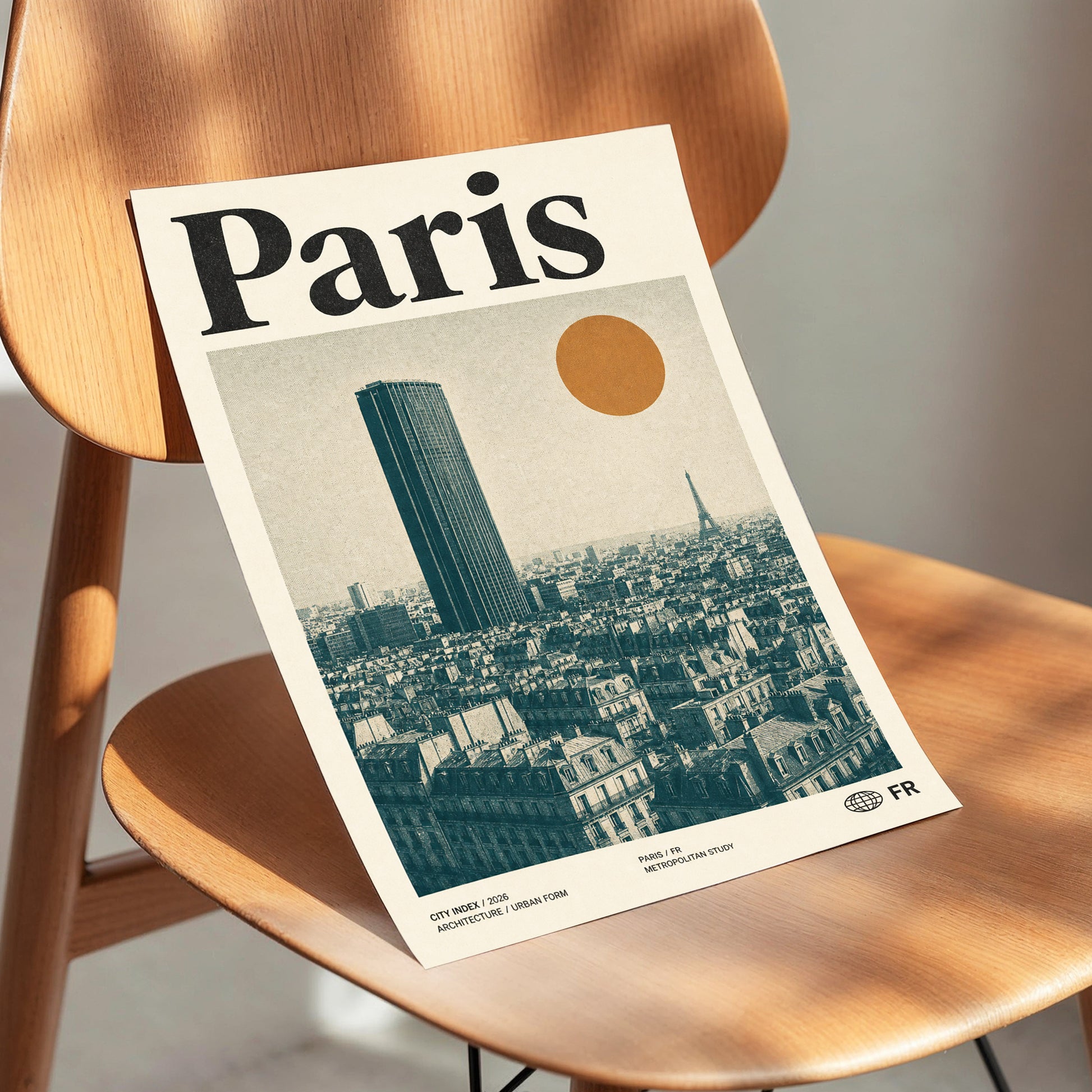Paris Above the Rooftops, green, beige, orange minimalist wall art displayed in a styled interior, gallery view 3