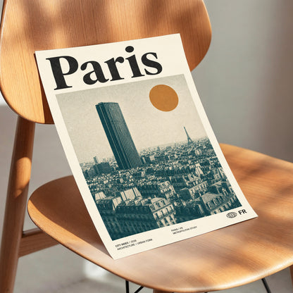 Paris Above the Rooftops, green, beige, orange minimalist wall art displayed in a styled interior, gallery view 3
