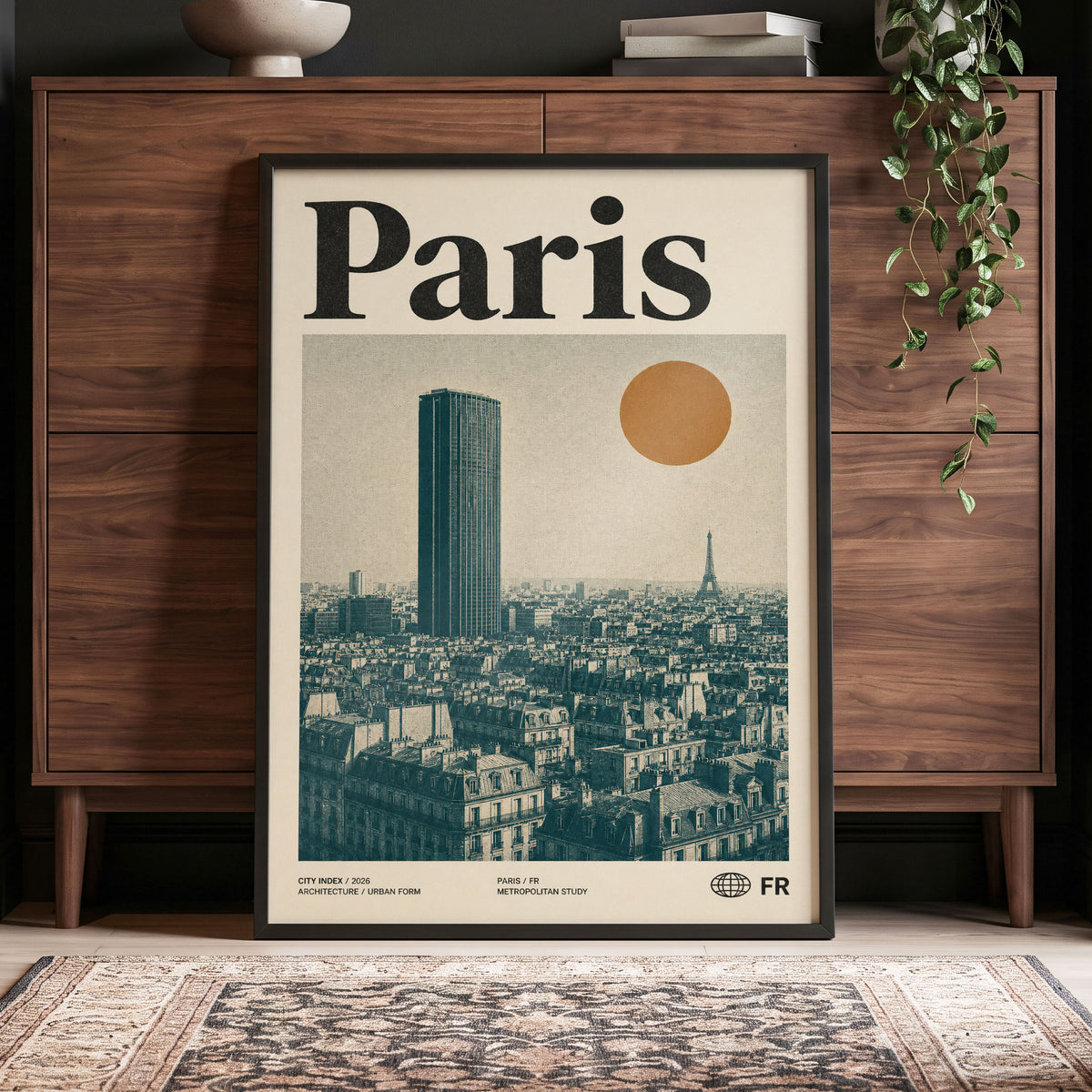 Paris Above the Rooftops, green, beige, orange minimalist wall art displayed in a styled interior, gallery view 4