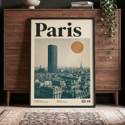 Paris Above the Rooftops, green, beige, orange minimalist wall art displayed in a styled interior, gallery view 4
