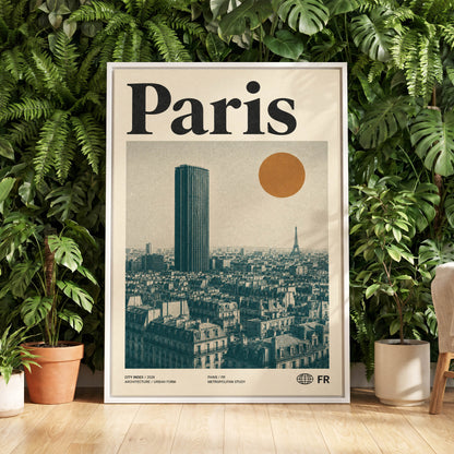 Paris Above the Rooftops, green, beige, orange minimalist wall art displayed in a styled interior, gallery view 5