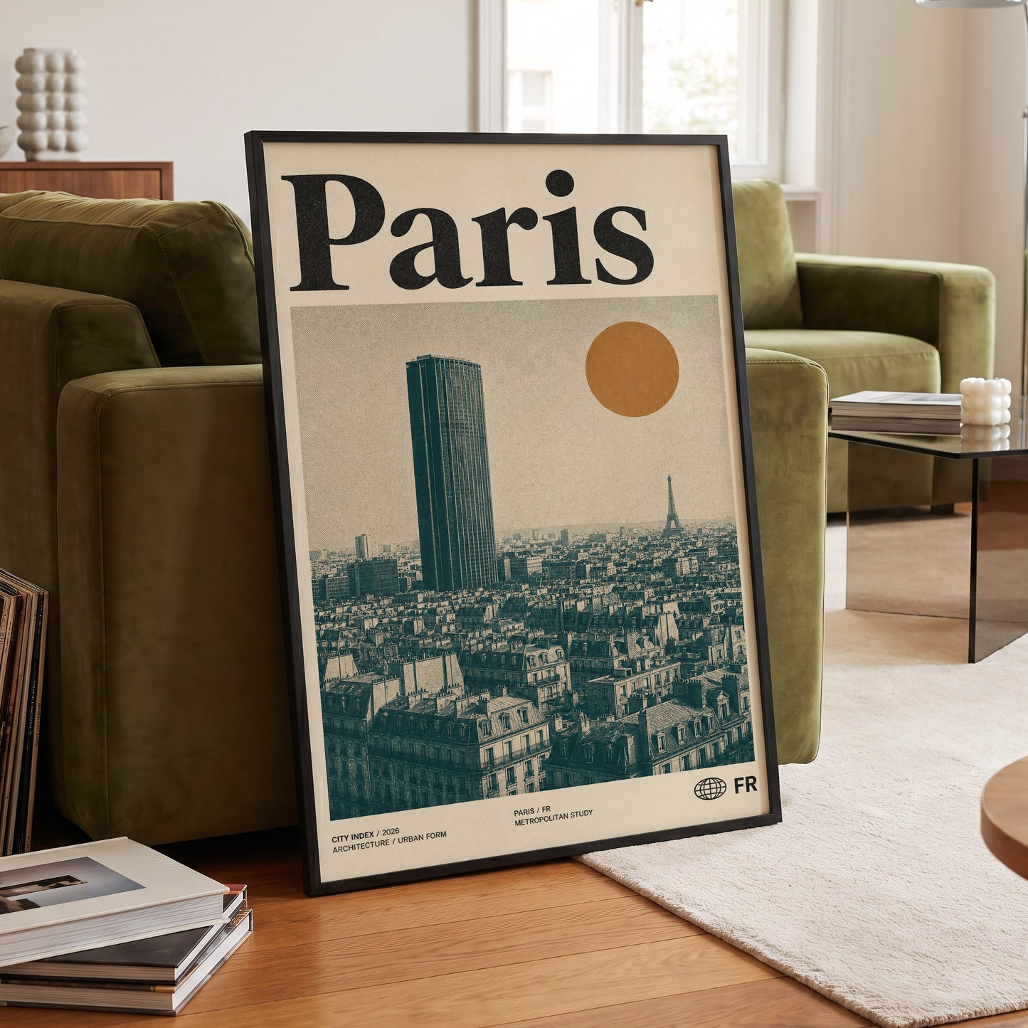 Paris Above the Rooftops, green, beige, orange minimalist wall art displayed in a styled interior, gallery view 6