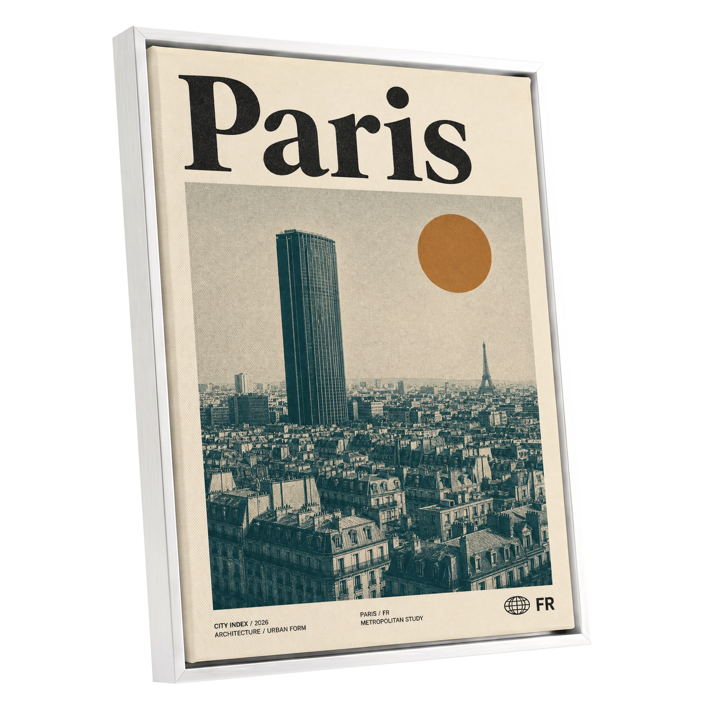 Paris Above the Rooftops, green, beige, orange minimalist wall art shown as a white framed canvas wall art