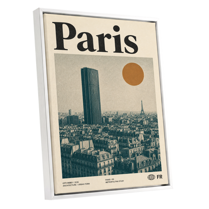 Paris Above the Rooftops, green, beige, orange minimalist wall art shown as a white framed canvas wall art