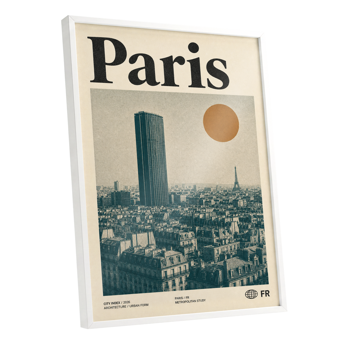 Paris Above the Rooftops, green, beige, orange minimalist wall art shown as a white framed poster wall art print