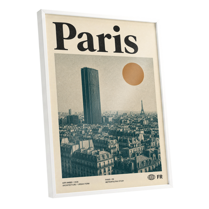 Paris Above the Rooftops, green, beige, orange minimalist wall art shown as a white framed poster wall art print