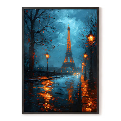 Paris After Rain, black, blue, orange abstract wall art, front artwork view