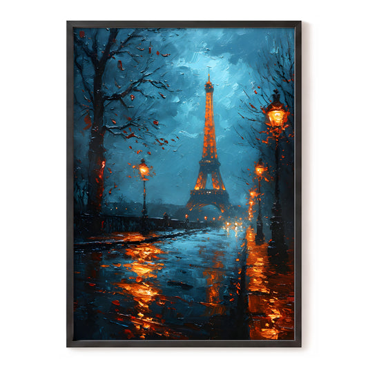 Paris After Rain, black, blue, orange abstract wall art, front artwork view