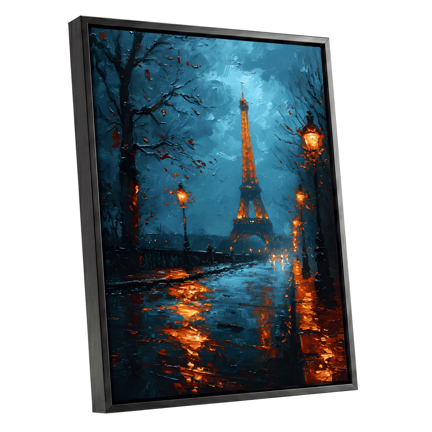 Paris After Rain, black, blue, orange abstract wall art shown as a black framed canvas wall art