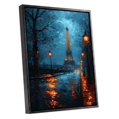 Paris After Rain, black, blue, orange abstract wall art shown as a black framed canvas wall art