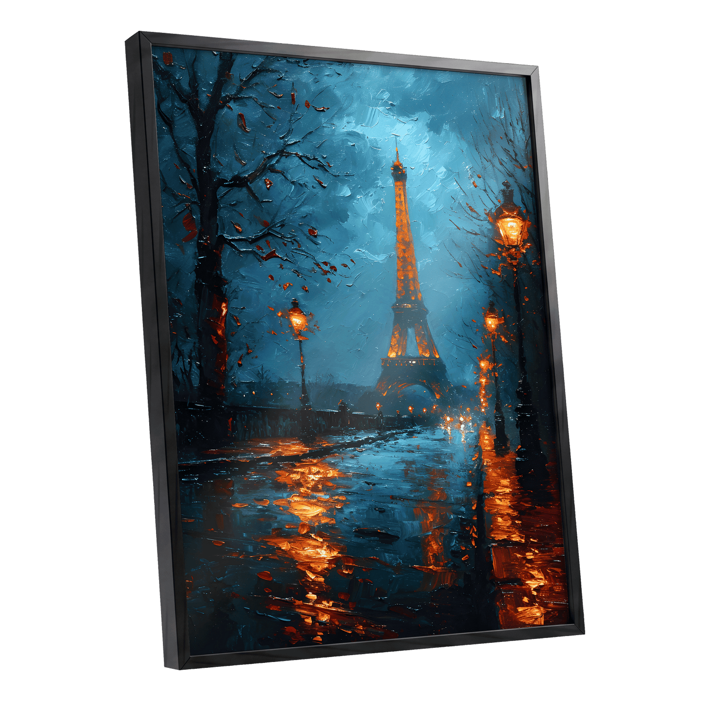 Paris After Rain, black, blue, orange abstract wall art shown as a black framed poster wall art print