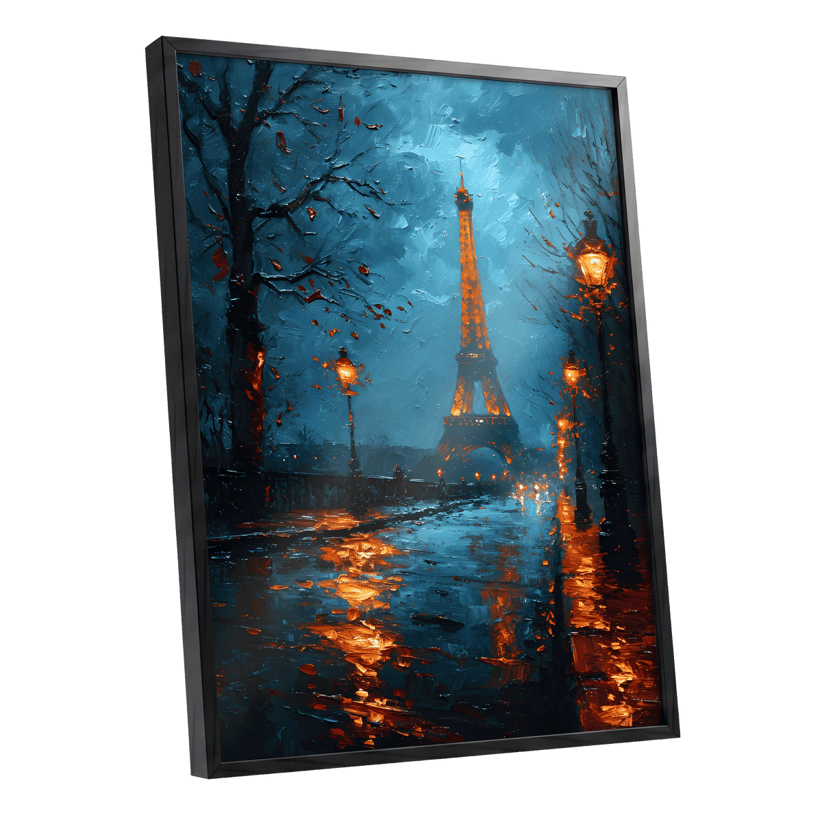 Paris After Rain, black, blue, orange abstract wall art shown as a black framed poster wall art print