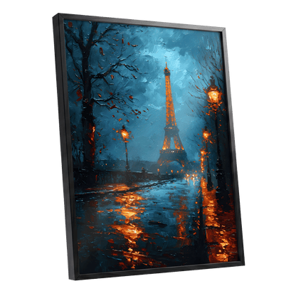 Paris After Rain, black, blue, orange abstract wall art shown as a black framed poster wall art print