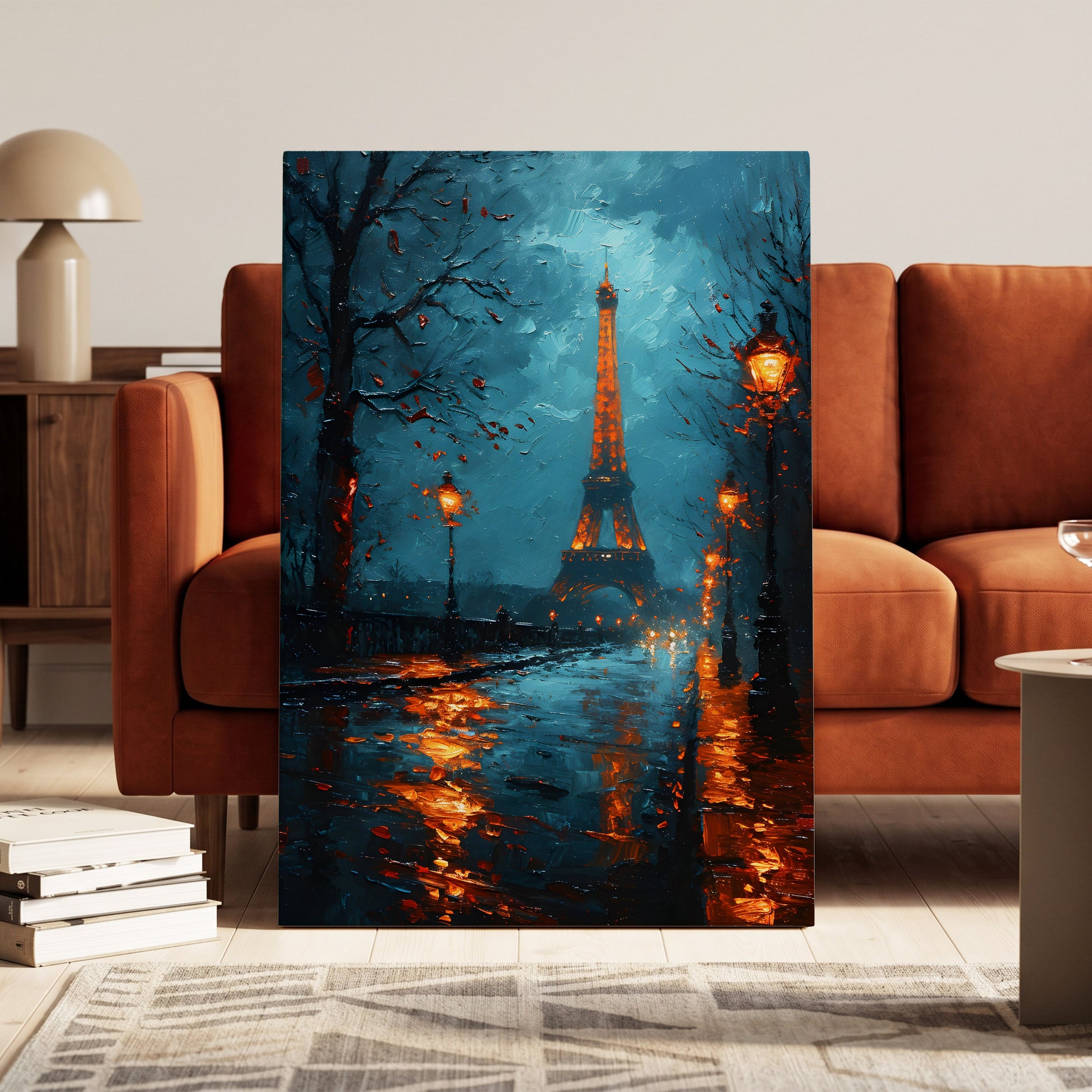 Paris After Rain, black, blue, orange abstract wall art on canvas displayed in a styled interior, gallery view 1
