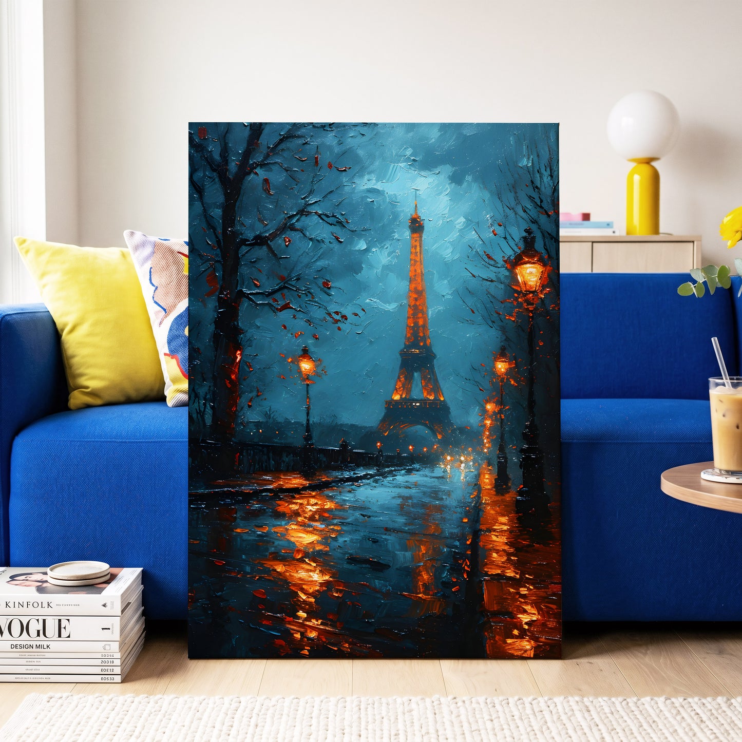 Paris After Rain, black, blue, orange abstract wall art on canvas displayed in a styled interior, gallery view 2