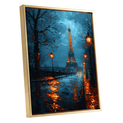 Paris After Rain, black, blue, orange abstract wall art shown as a gold framed canvas wall art