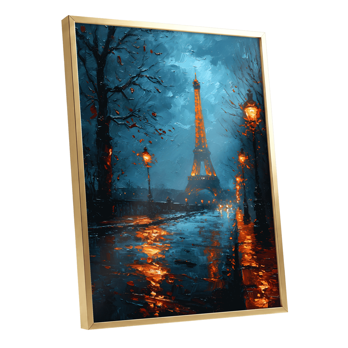 Paris After Rain, black, blue, orange abstract wall art shown as a gold framed poster wall art print