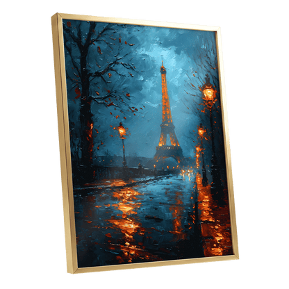 Paris After Rain, black, blue, orange abstract wall art shown as a gold framed poster wall art print