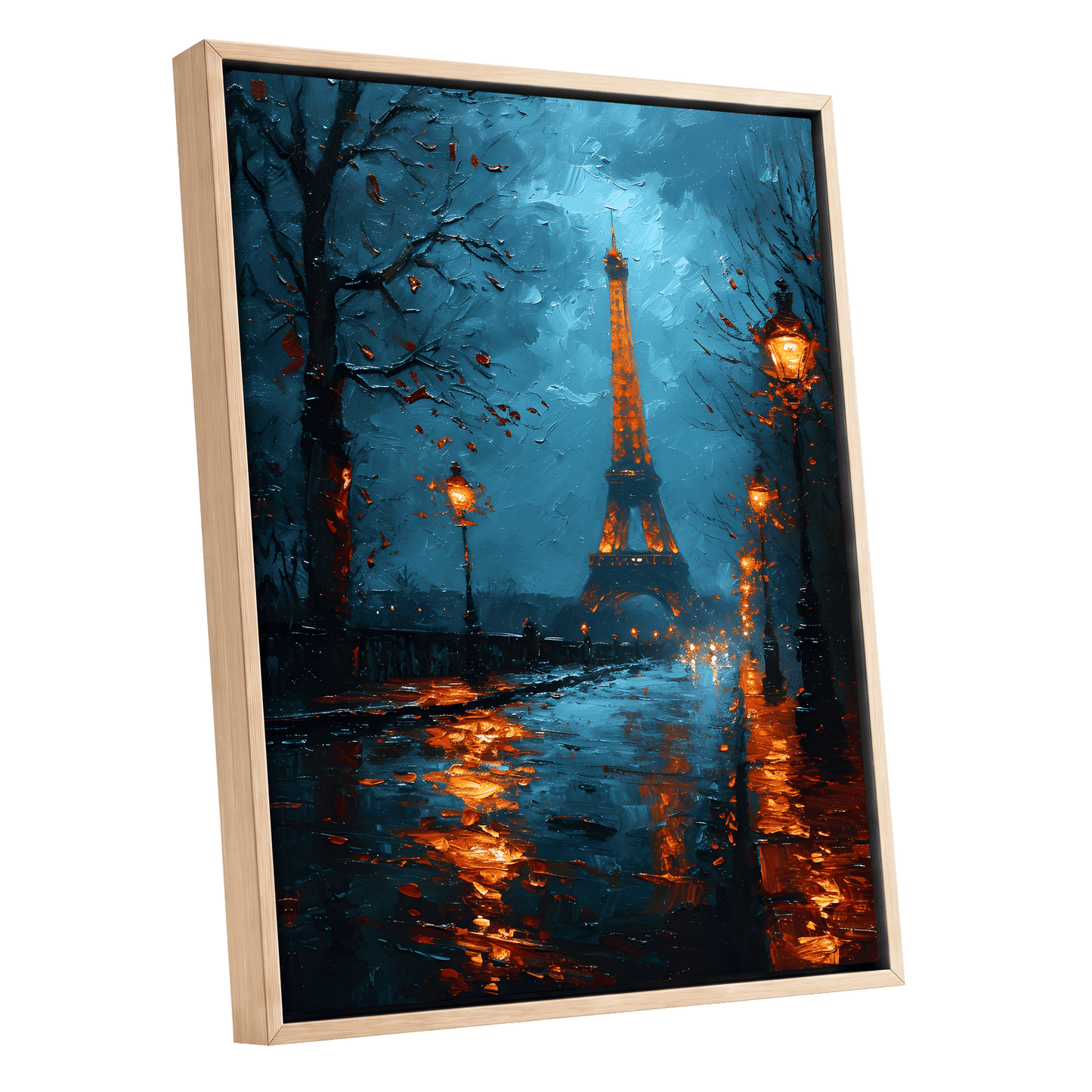 Paris After Rain, black, blue, orange abstract wall art shown as a oak framed canvas wall art