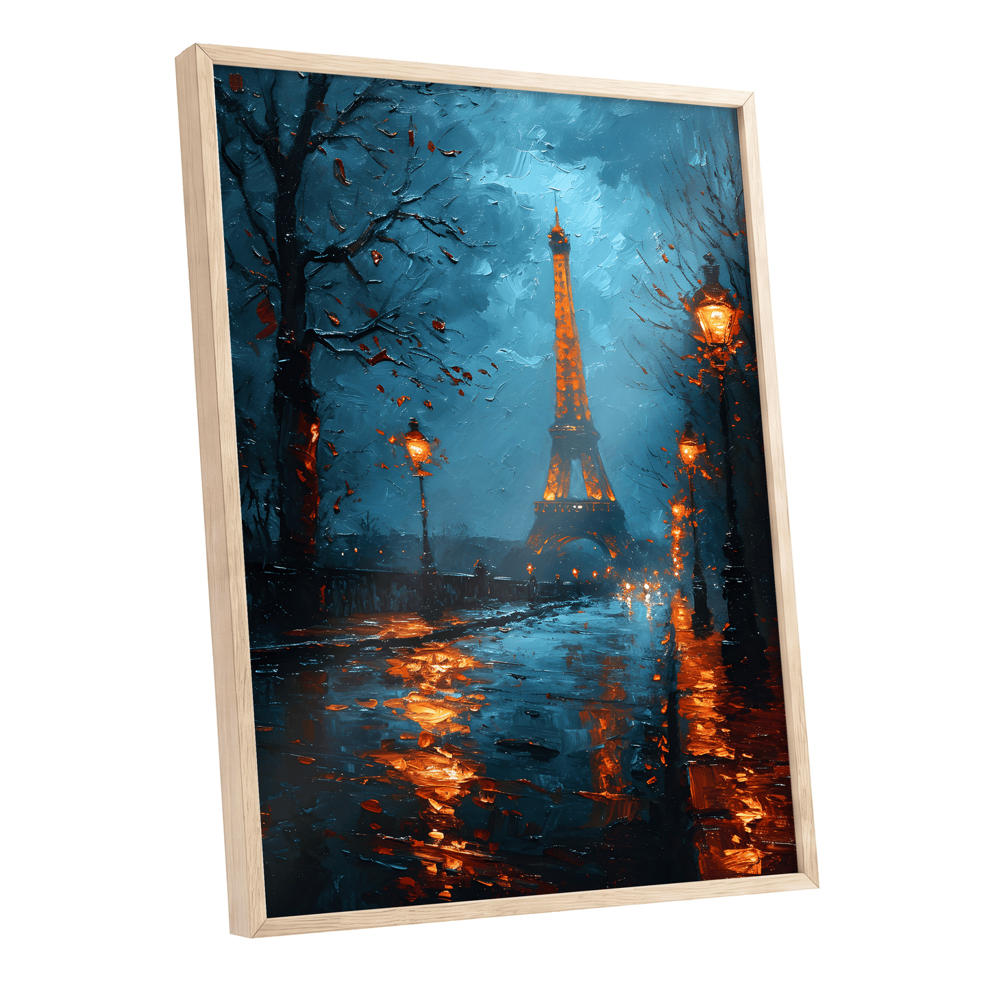 Paris After Rain, black, blue, orange abstract wall art shown as a oak framed poster wall art print