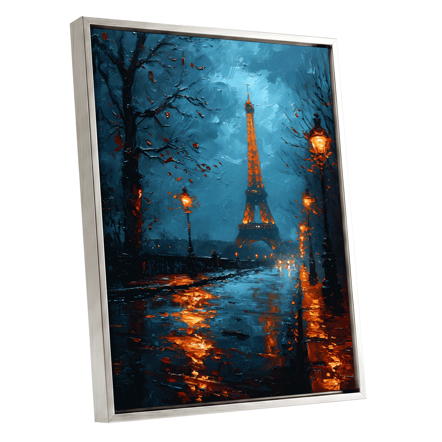 Paris After Rain, black, blue, orange abstract wall art shown as a silver framed canvas wall art